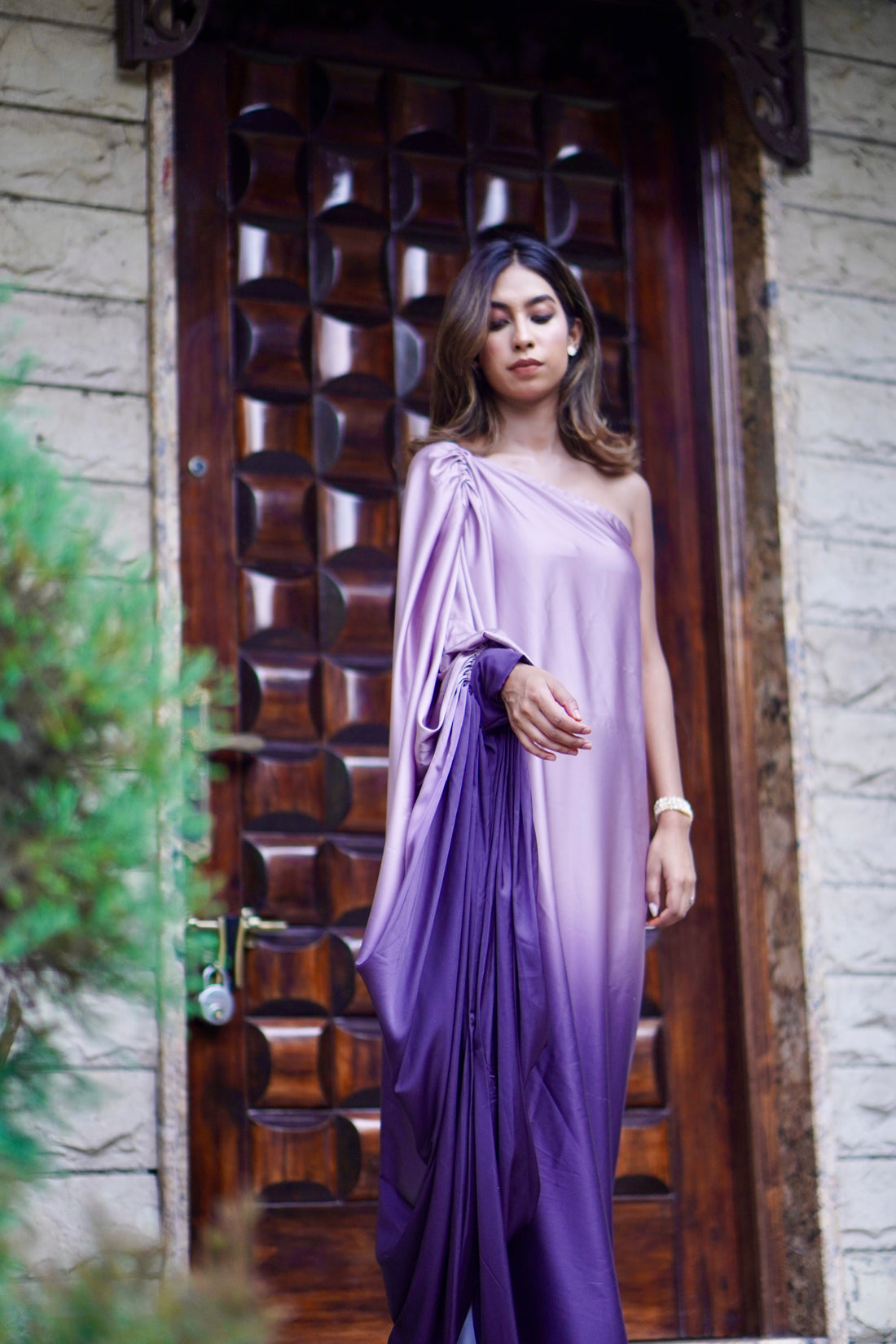 Ombre draped One-Sleeve dress