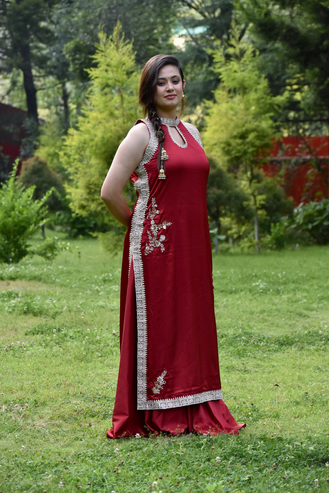 Zahra Patchwork Wine Red Satin Suit