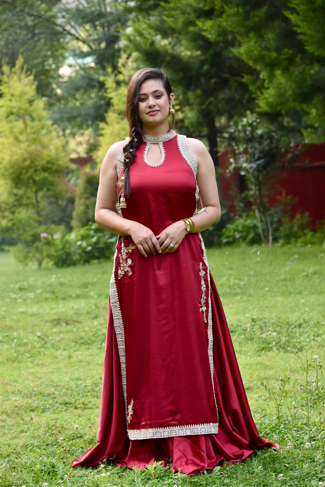 Zahra Patchwork Wine Red Satin Suit