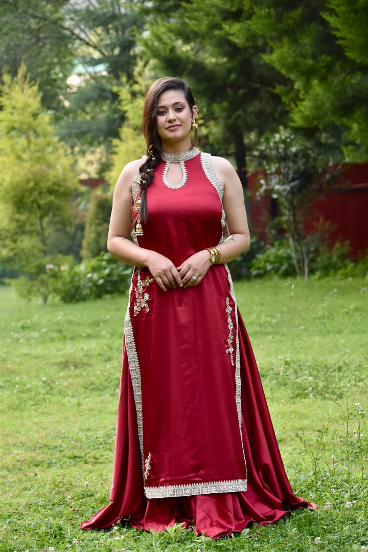 Zahra Patchwork Wine Red Satin Suit