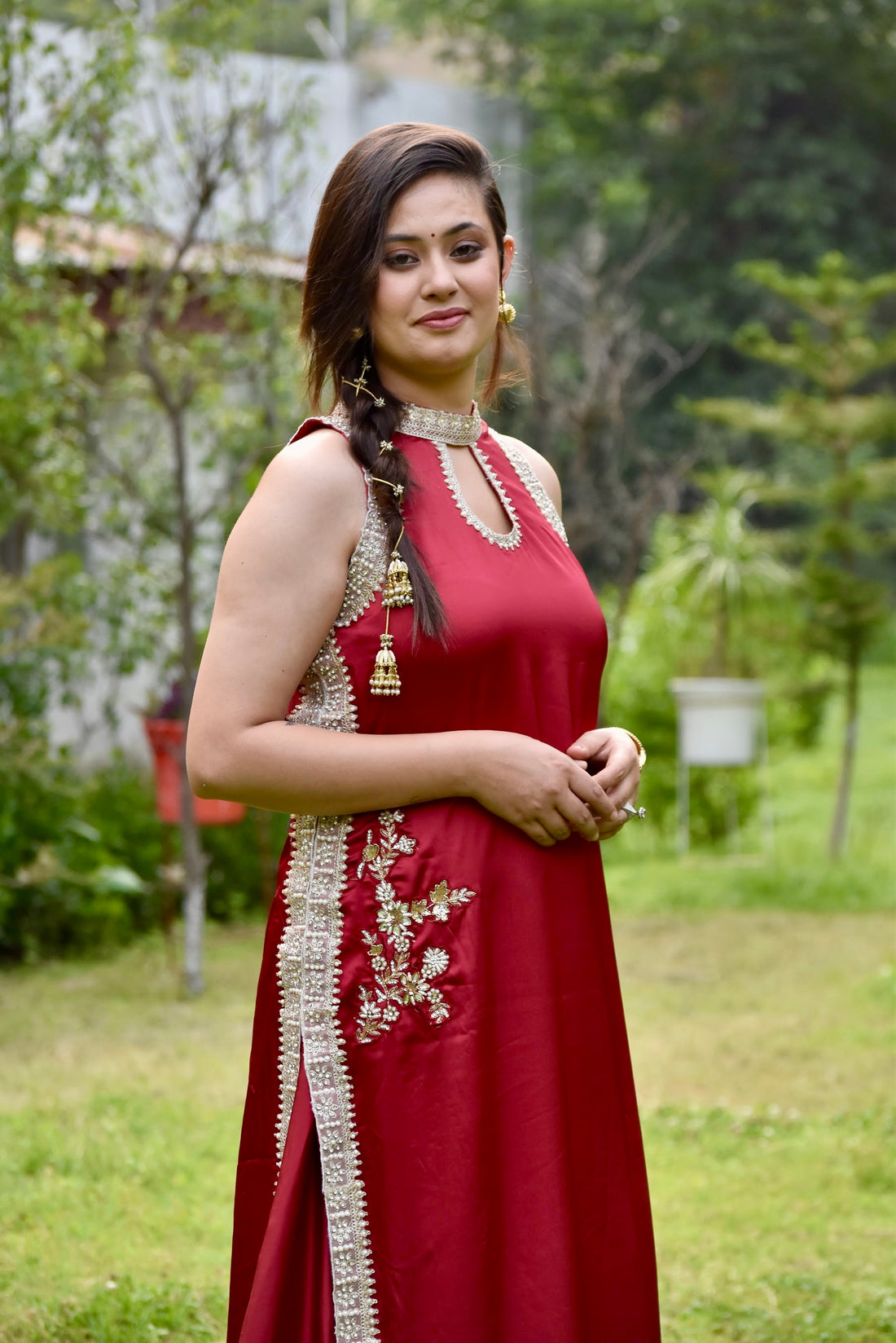 Zahra Patchwork Wine Red Satin Suit