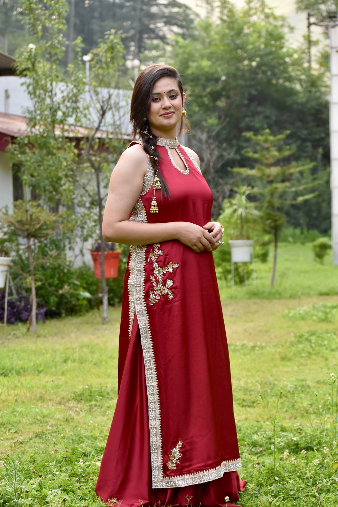Zahra Patchwork Wine Red Satin Suit