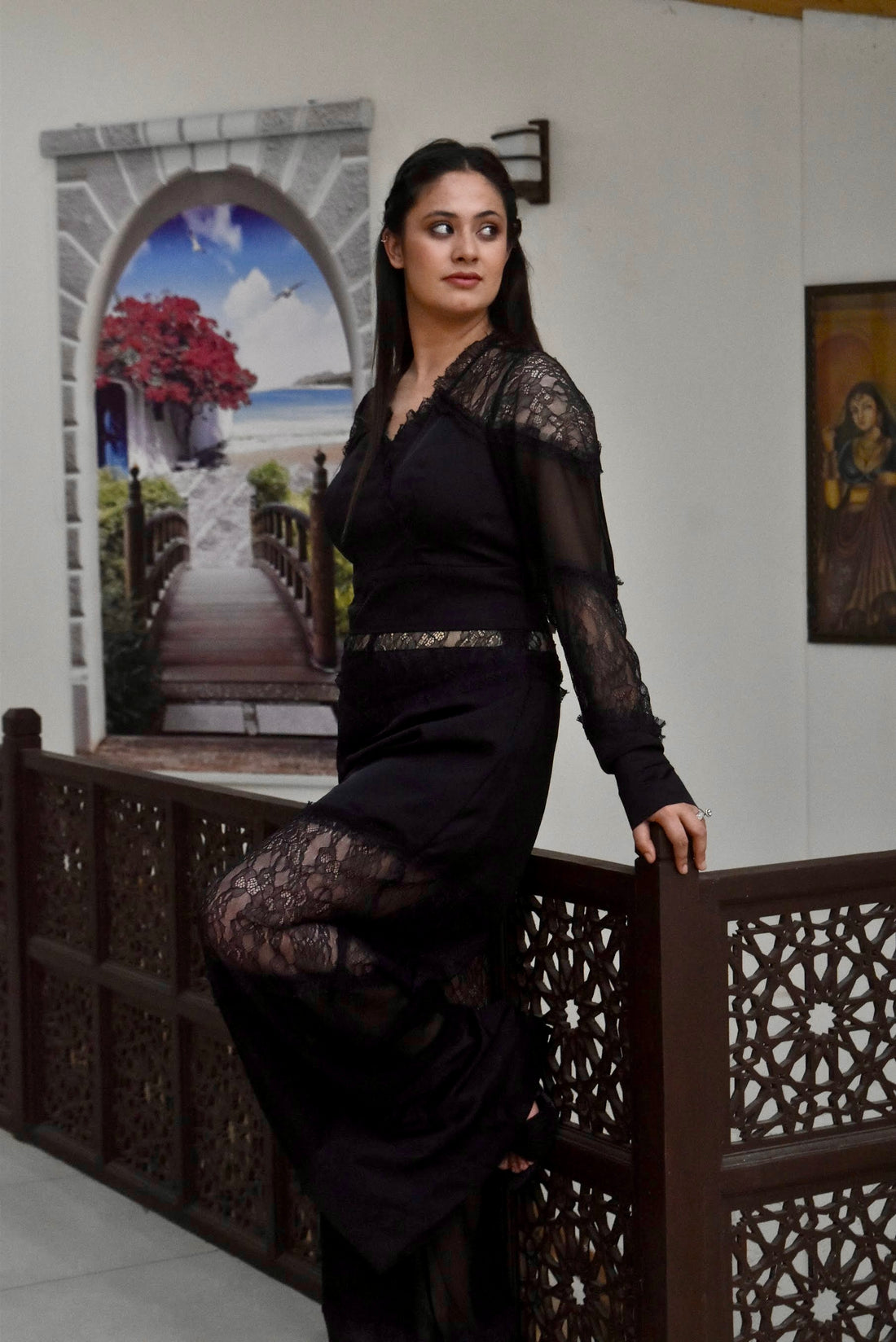 Sheer Panel Lace Jumpsuit in Black