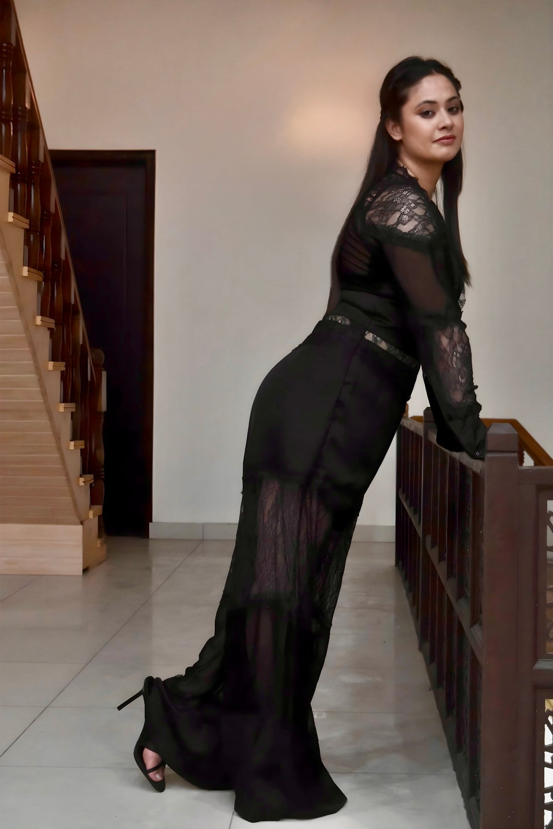 Sheer Panel Lace Jumpsuit in Black