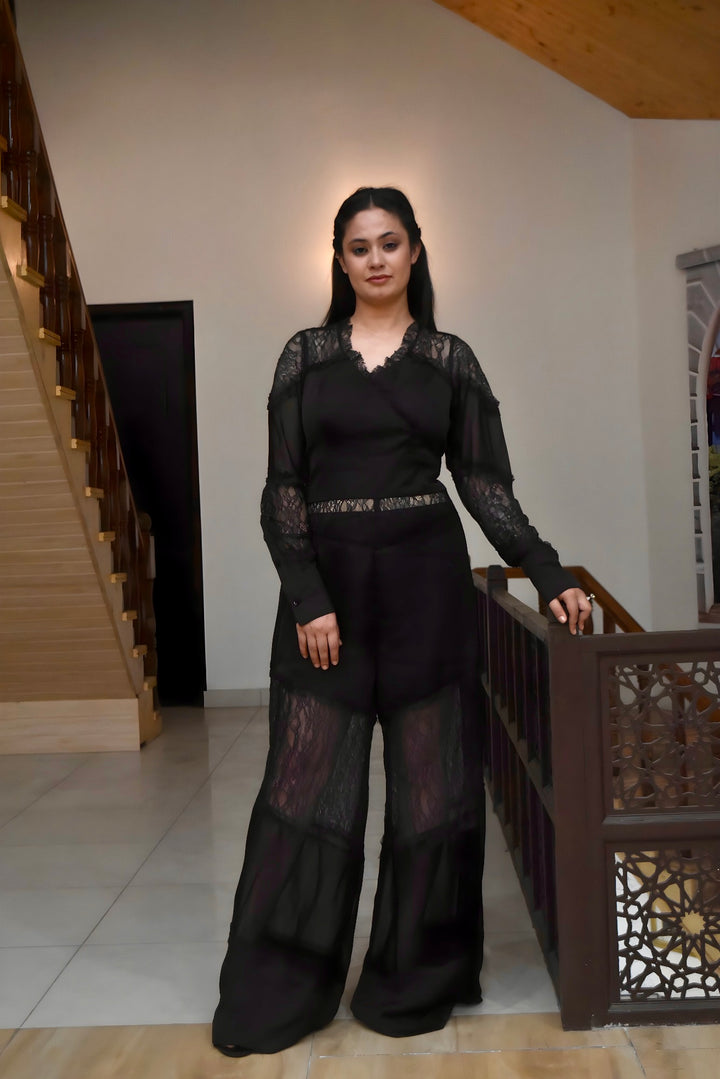 Sheer Panel Lace Jumpsuit in Black