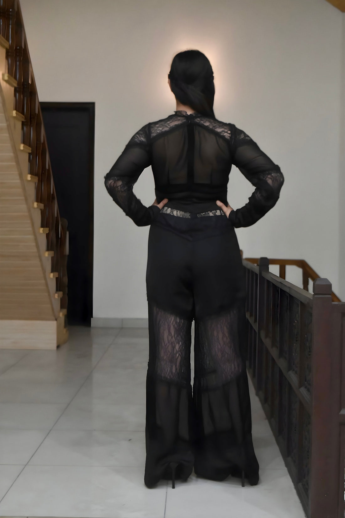 Sheer Panel Lace Jumpsuit in Black