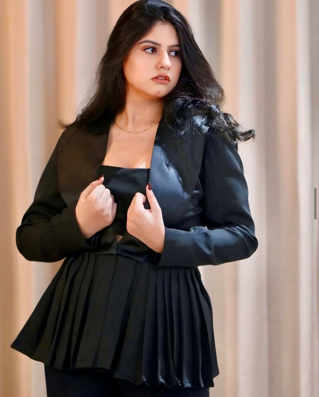 Pleated Peplum Blazer in Black with Satin Collar