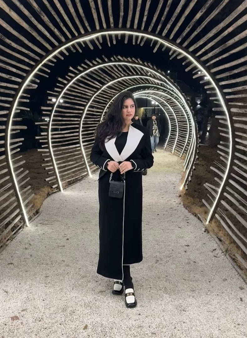 Structured Contrast Panel Coat Dress in Black & White