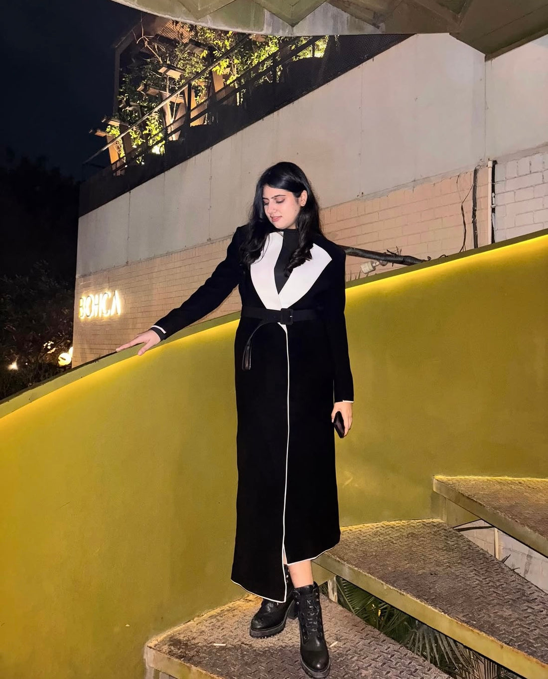 Structured Contrast Panel Coat Dress in Black & White