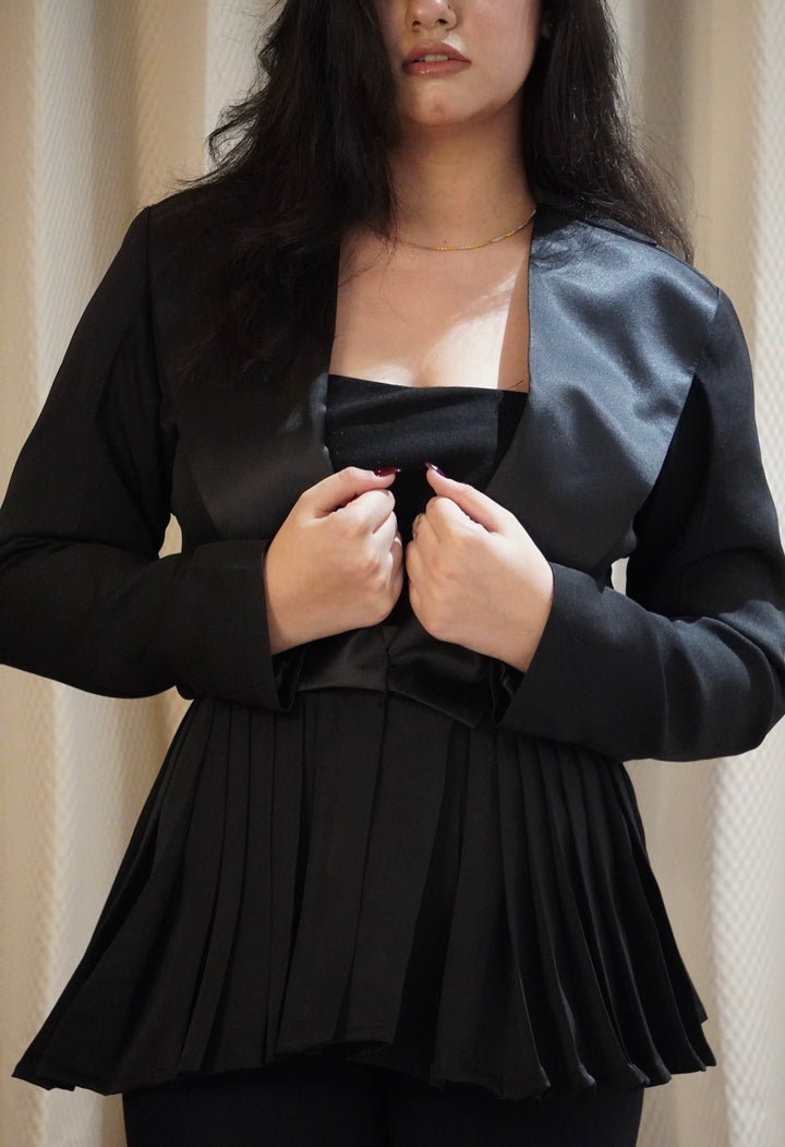 Pleated Peplum Blazer in Black with Satin Collar
