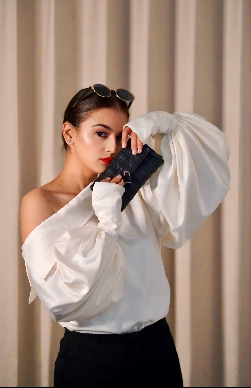She Got One Sleeve Left — 101 (One Shoulder Draped Sleeve Top in Cotton Satin)