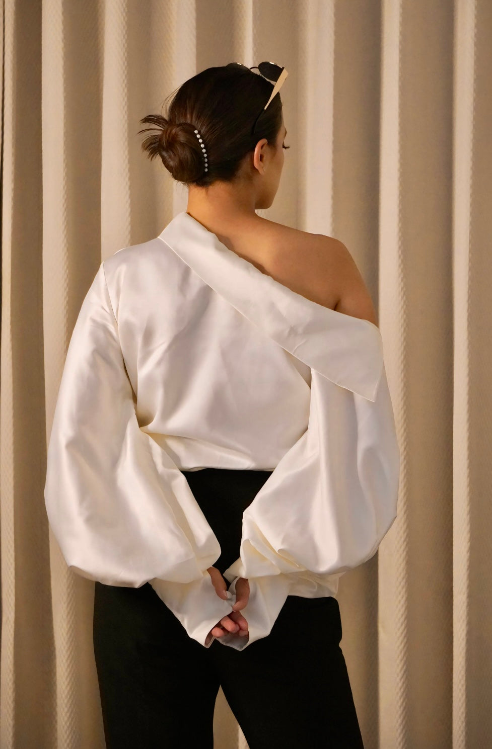 She Got One Sleeve Left — 101 (One Shoulder Draped Sleeve Top in Cotton Satin)