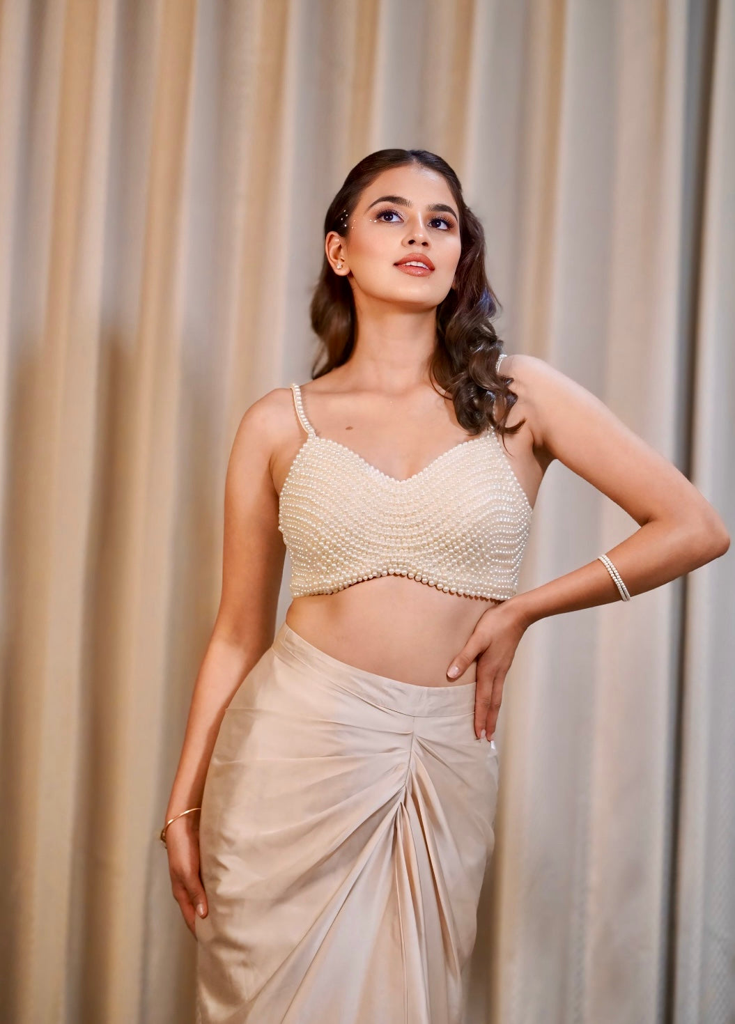Satin Whispers & Pearl Promises — Set 103 (Hand-Beaded Blouse with Draped Satin Skirt)