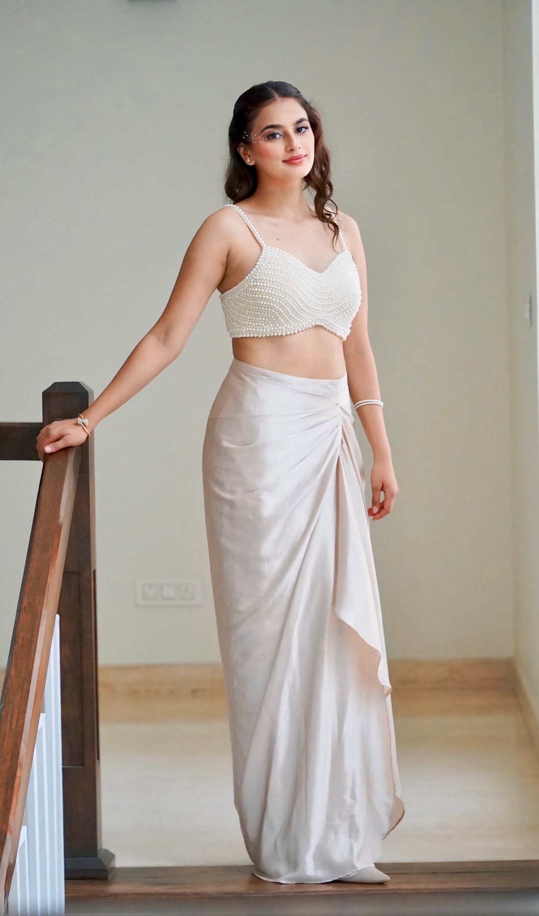Satin Whispers & Pearl Promises — Set 103 (Hand-Beaded Blouse with Draped Satin Skirt)