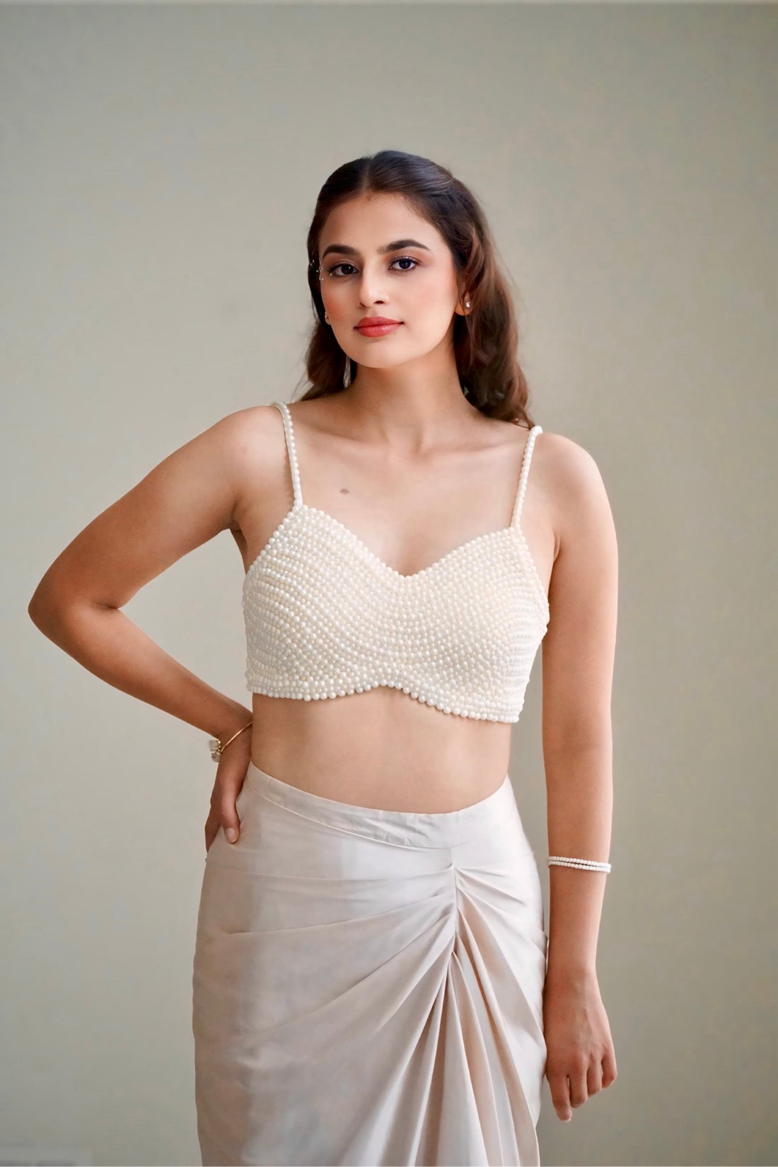 Satin Whispers & Pearl Promises — Set 103 (Hand-Beaded Blouse with Draped Satin Skirt)