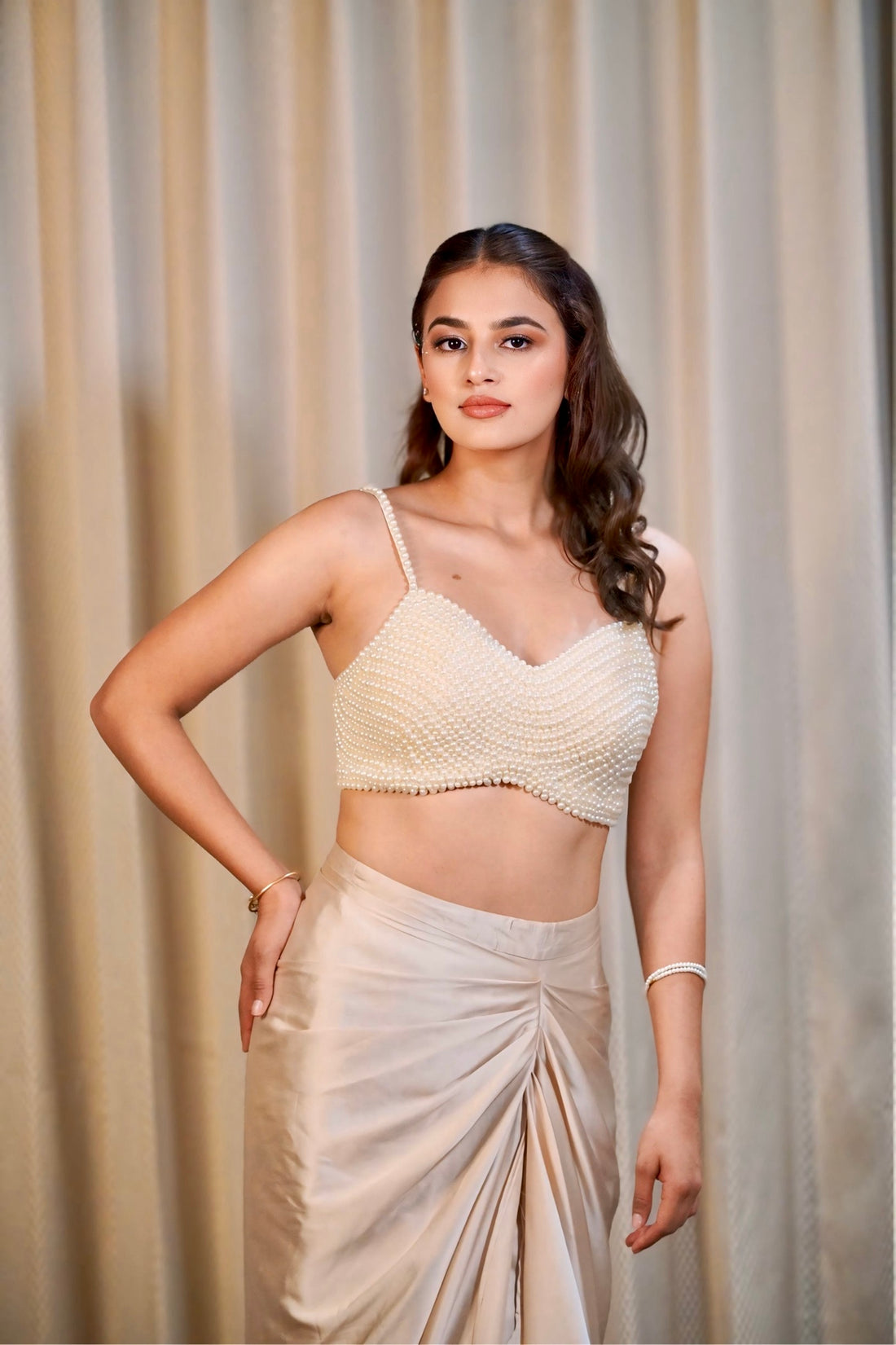 Satin Whispers & Pearl Promises — Set 103 (Hand-Beaded Blouse with Draped Satin Skirt)
