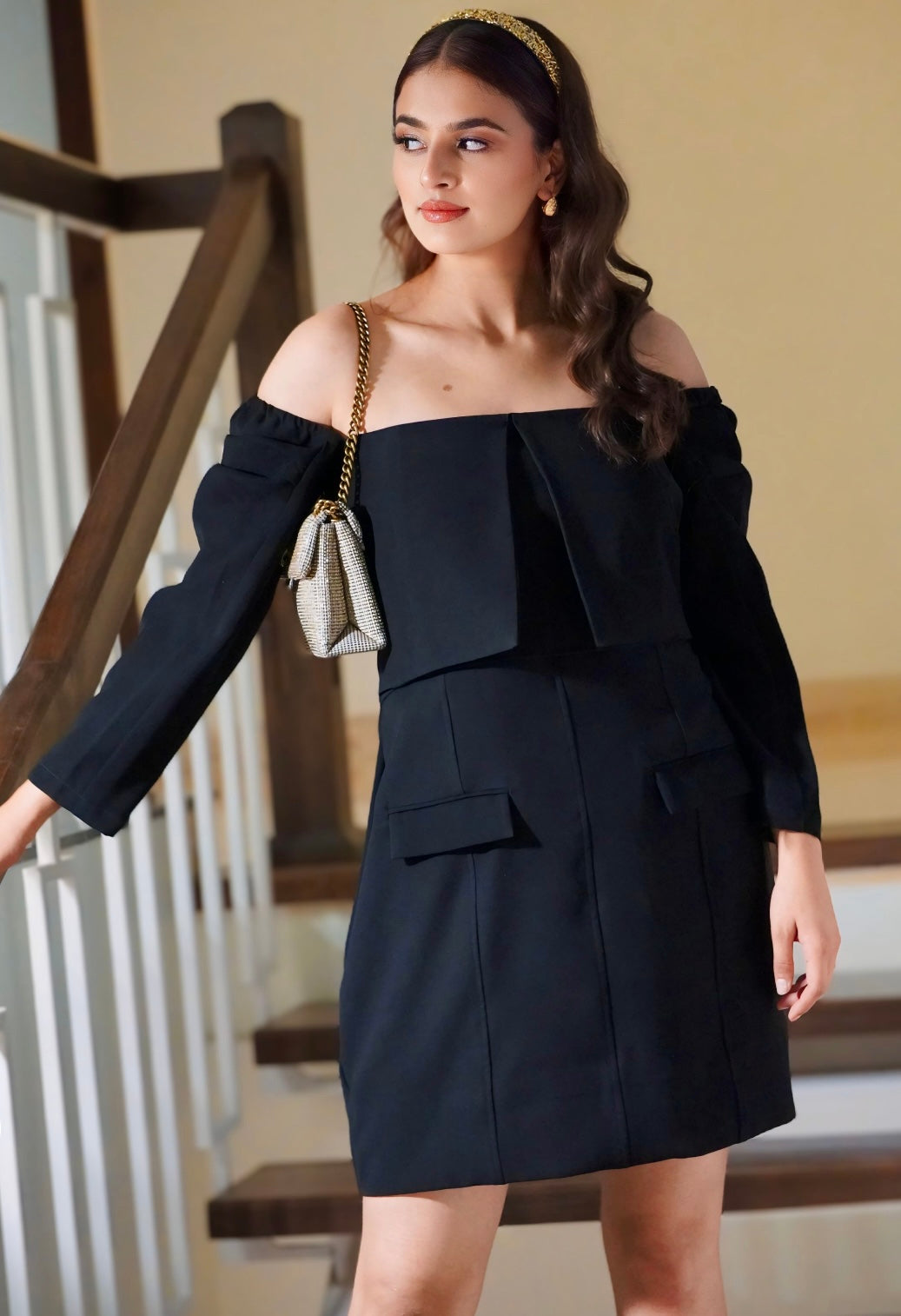 Off-Shoulder Panelled Coat Dress in Black