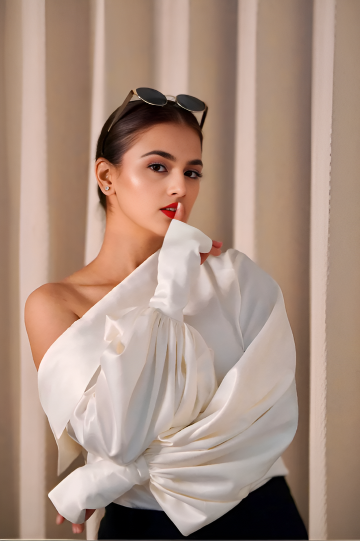 She Got One Sleeve Left — 101 (One Shoulder Draped Sleeve Top in Cotton Satin)