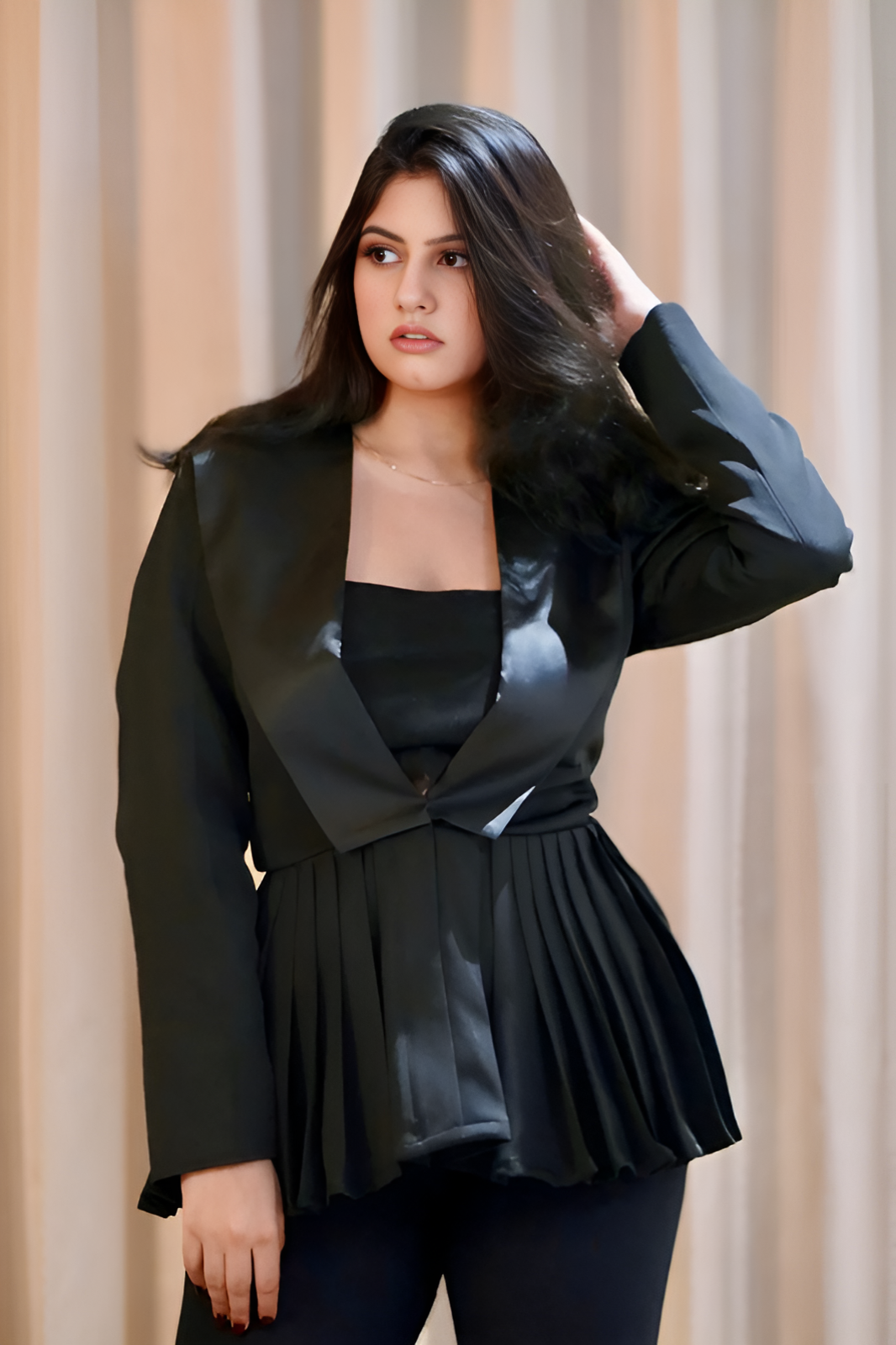 Pleated Peplum Blazer in Black with Satin Collar