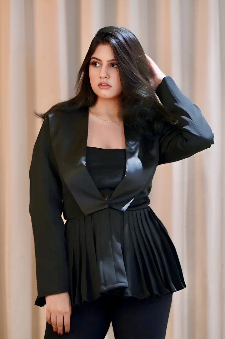 Pleated Peplum Blazer in Black with Satin Collar