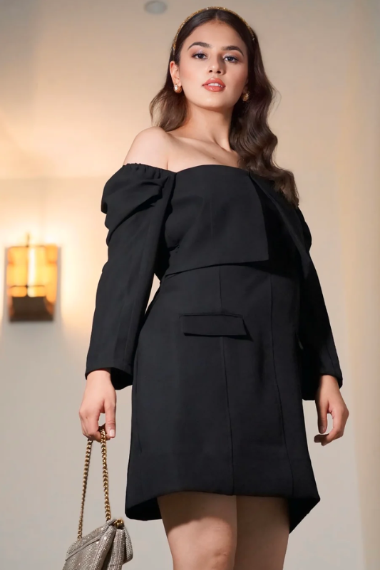 Off-Shoulder Panelled Coat Dress in Black